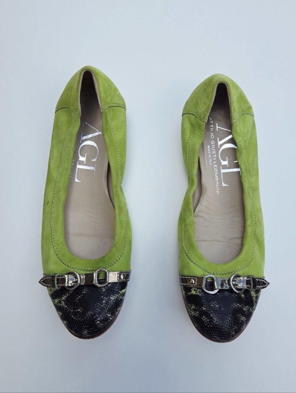 AGL Monika Cap Toe Ballet Flat Green Suede Reptile Size 39.5
